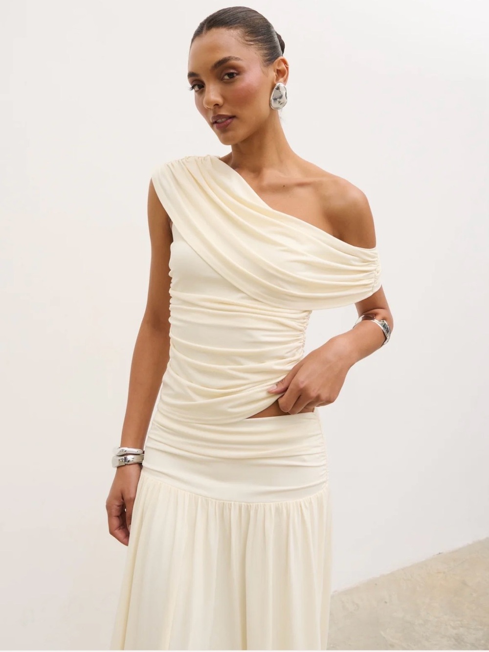 Lydia Ruched Off-Shoulder Cream Top - Picture 3 of 6